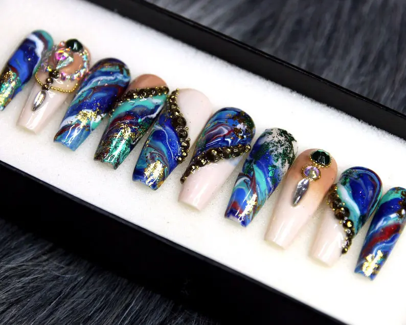 Royal Blue Marble Press On Nails Coffin Shape | Luxury Gold Glitter Ocean Wave Nails with Rhinestone Charms | Handmade Reusable False Nails