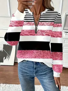 Spring & Fall New Fashion Womenswear Women's Striped Print Long Sleeve Fitted Silhouette Pullover Top, Casual Style, Comfortable Fit, Perfect for Lady Daily Wear