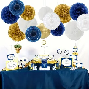 21Pcs Navy Blue Gold Party Decoration Paper Flower Lantern - Royal White Baby Bride Gift Party Tissue Pom Ribbon, Single Girl Birthday Wedding Graduation Hanging Supplies Decoration Ornaments
