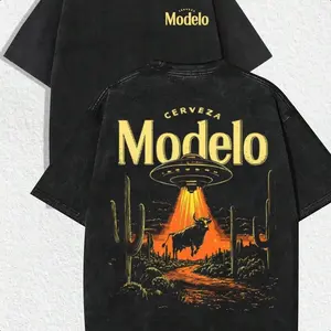 Vintage Distressed Modelo Cerveza UFO Bull Graphic T Shirt Retro Sci Fi Beer Print Washed Cotton Unisex Tee Urban Street Style Casual Everyday Top for Party Gathering and Holiday Gifting