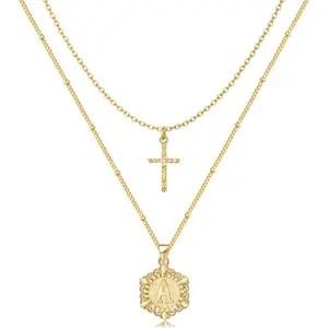 Kiss Yan Gold Layered Initial Cross Necklace, 14K Gold Plated Layering Diamond-Shaped Letter Pendant Figaro Chain Cross Choker from A-Z Capital Jewelry for Women Girls