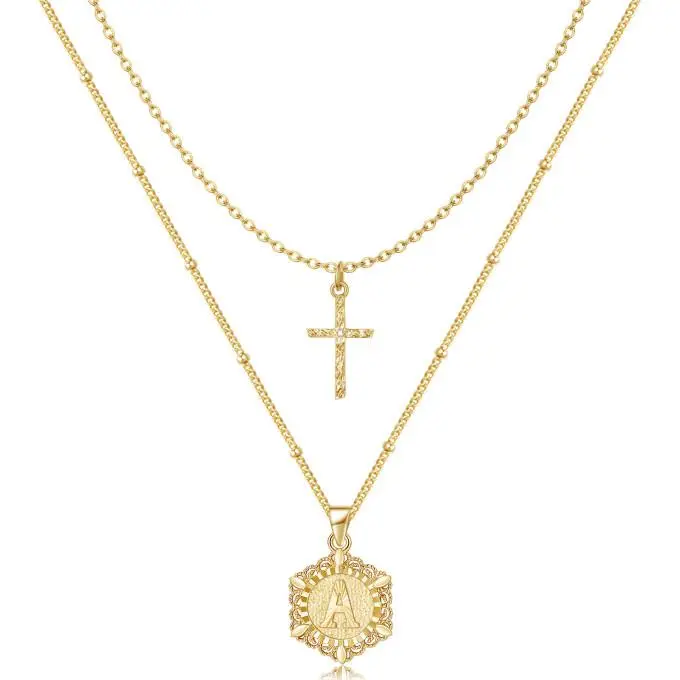 Kiss Yan Gold Layered Initial Cross Necklace, 14K Gold Plated Layering Diamond-Shaped Letter Pendant Figaro Chain Cross Choker from A-Z Capital Jewelry for Women Girls,summerwins