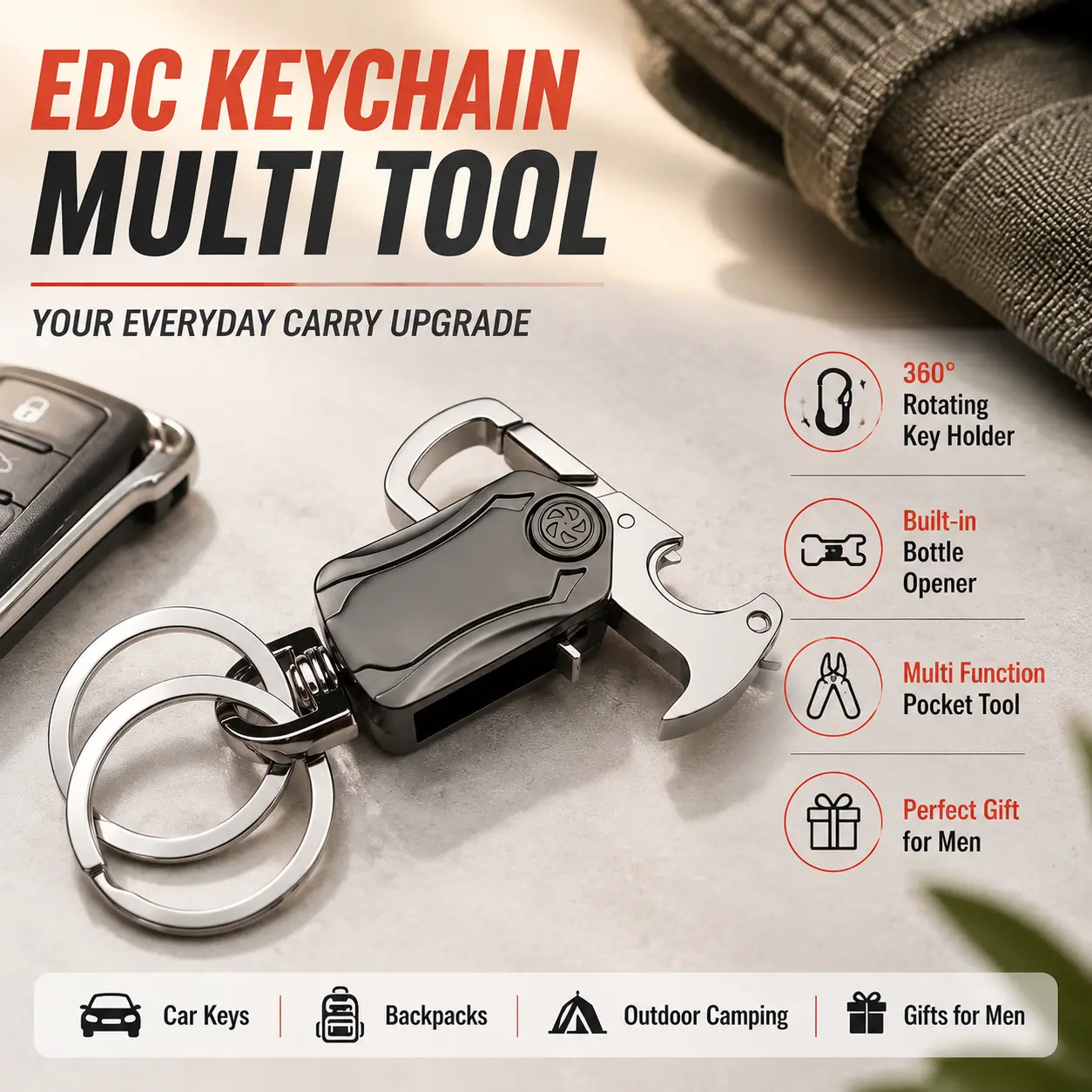 Men’s EDC Multi-Tool Keychain, Fidget Spinner Stress Relief Keyring, Built-in Bottle Opener, Package Cutter & Phone Holder, Cool Car Key Accessory, Unique Gift for Him