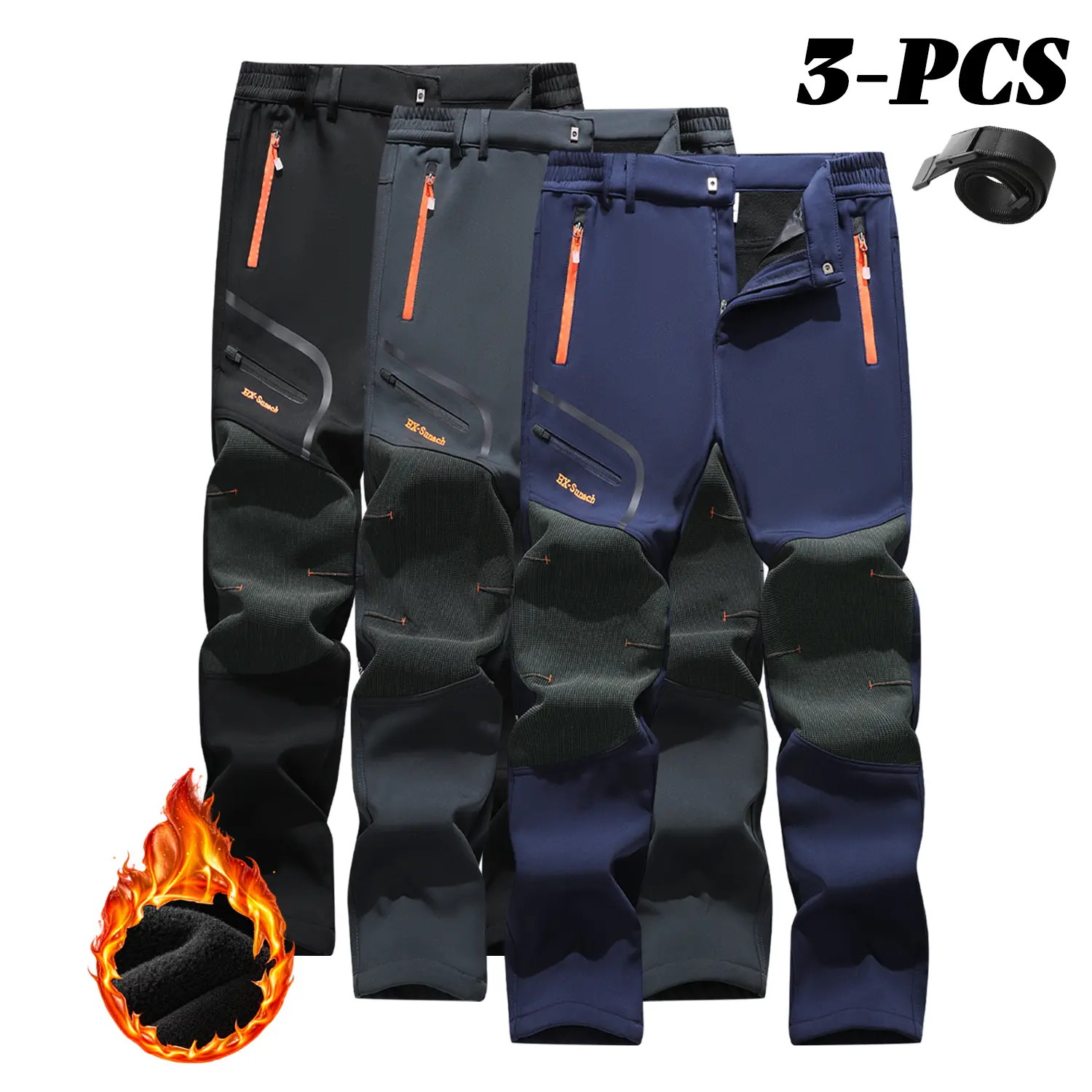 Men’s winter thick warm softshell long pants, windproof, waterproof, wear-resistant—ideal for outdoor hiking, travel, and casual snowwear