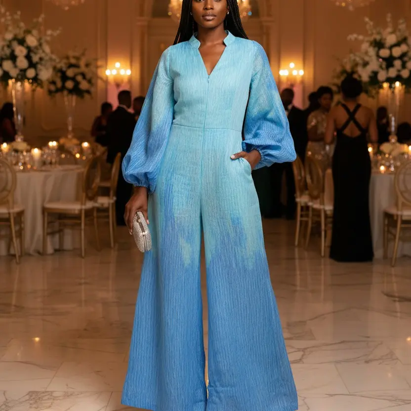 Blue Organza Jumpsuit - Elegant Ombre Design with Ruffled Balloon Sleeves & Flowy Silhouette Lightweight Womenswear with Pockets