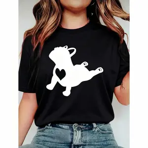 French Bulldog Yoga Pose Love Heart Frenchie Workout Gift T-Shirt Print Crew Neck Casual T-Shirt Short Sleeve Sports Top. Smart CasualStreet Style Women's Clothing graphic tees women crop tops summer outfits for women summer tops T-Shirt
