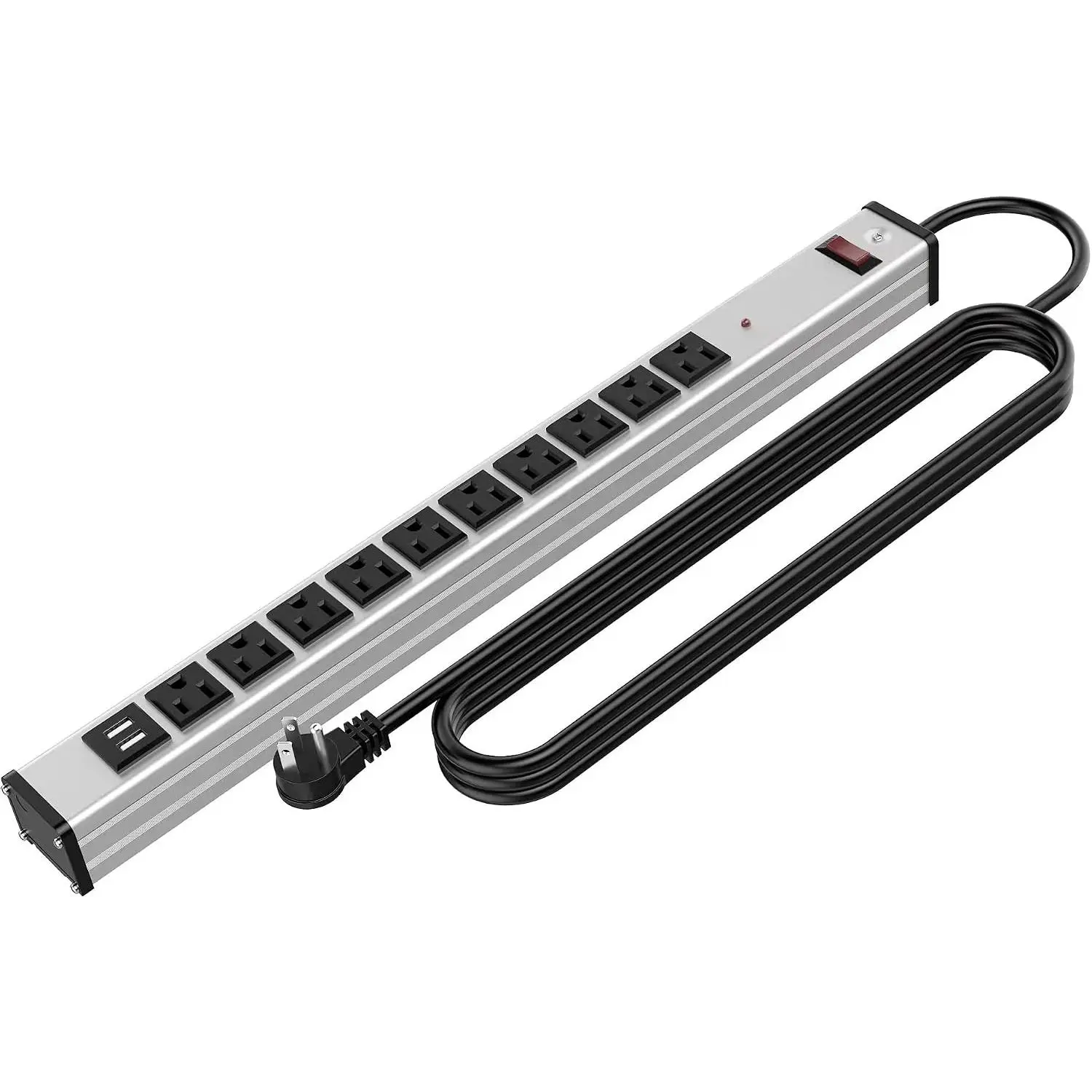 10 Outlets Aluminum Power Strip Metal Socket Heavy Duty with 6 Ft Extension Cord, Workshop, Industrial, 15A, 125V, 1875W.Silver and Black