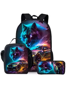 This three-piece backpack set features a wolf and racing punk style print and includes a lunch bag and a pencil case.