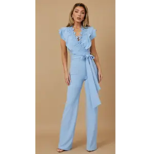 - LAYER RUFFLE SLEEVE WITH FLOWER EMBROIDED DETAIL - CROCHET LACE DESIGN - DEEP V - FLOWER PATTERN DETAIL ON SIDE AND FRONT - BELT BOW TIE ON WAIST - ZIPPER ON BACK
