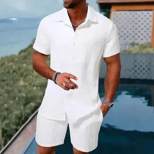 Men's lightweight summer beach set: casual short sleeved shirt with elastic waist shorts, breathable fabric, ideal vacation clothing, beach casual wear | short sleeved shirt | comfortable to wear