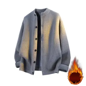 Men's Long-Sleeve Polyester Knit Cardigan - 2025 Autumn-Winter Unisex Casual Fashion Plain Knitwear, Grey Plush Skin-Friendly Warm Cold-Proof Top with Simple Elegant Vintage Versatile Button Design (Suitable for Spring)