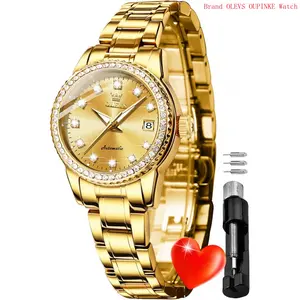 Brand OLEVS Womens Diamond Watches Automatic Mechanical Gold Luxury Dress Classic Ladies Self Winding Two Tone Stainless Steel Wrist Watch