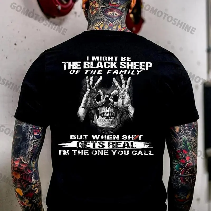 I MIGHT BE THE BLACK SHEEP OF THE FAMILY Skull With OK Print Men's T-Shirt Classic Cotton Casual Crewneck Garment Loose