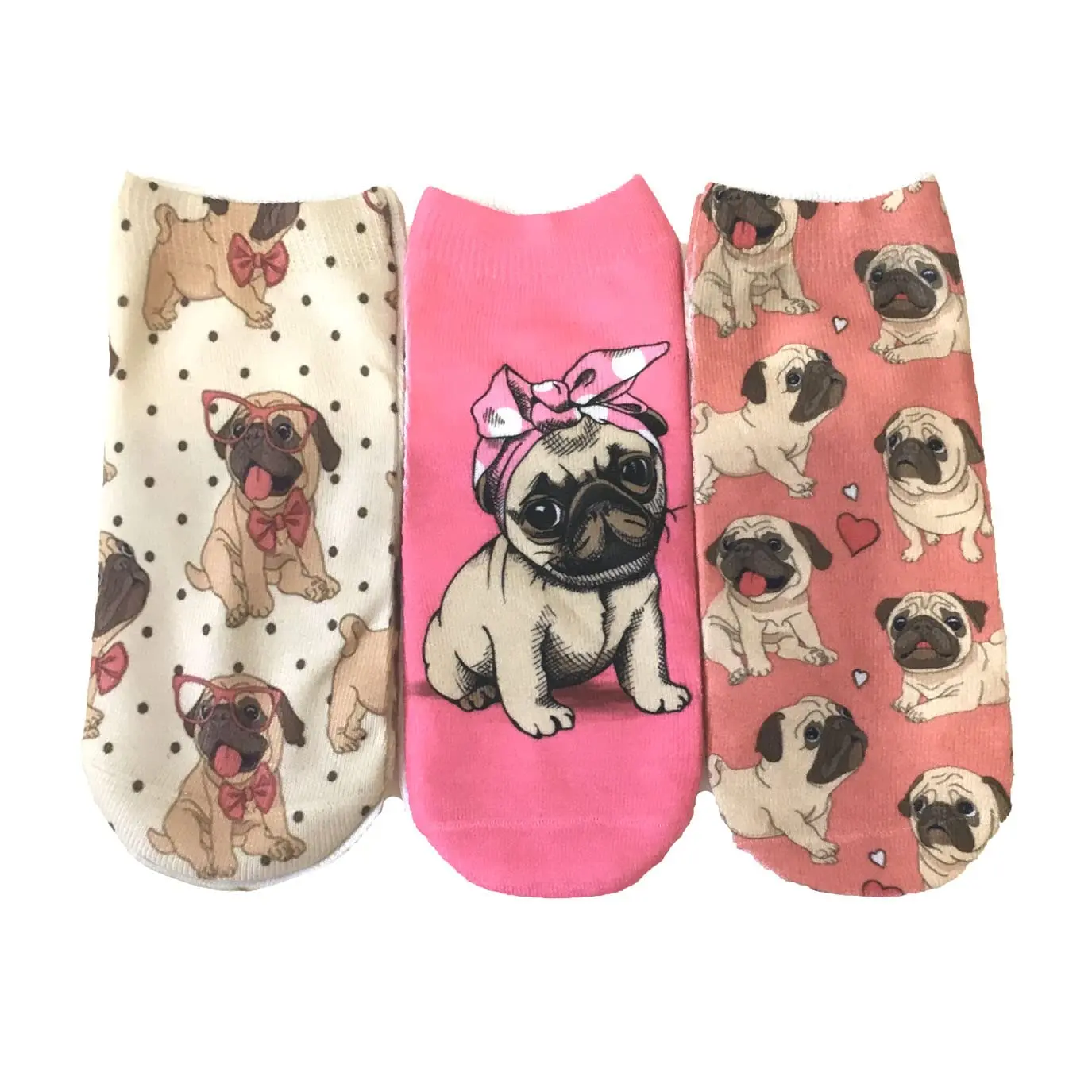 Women's Low-Cut Short-Length Pug Print Peds Socks - 3 Pairs, Cute Pink Multi, Dress Accessory, Fun Gift for Womenswear Enthusiasts