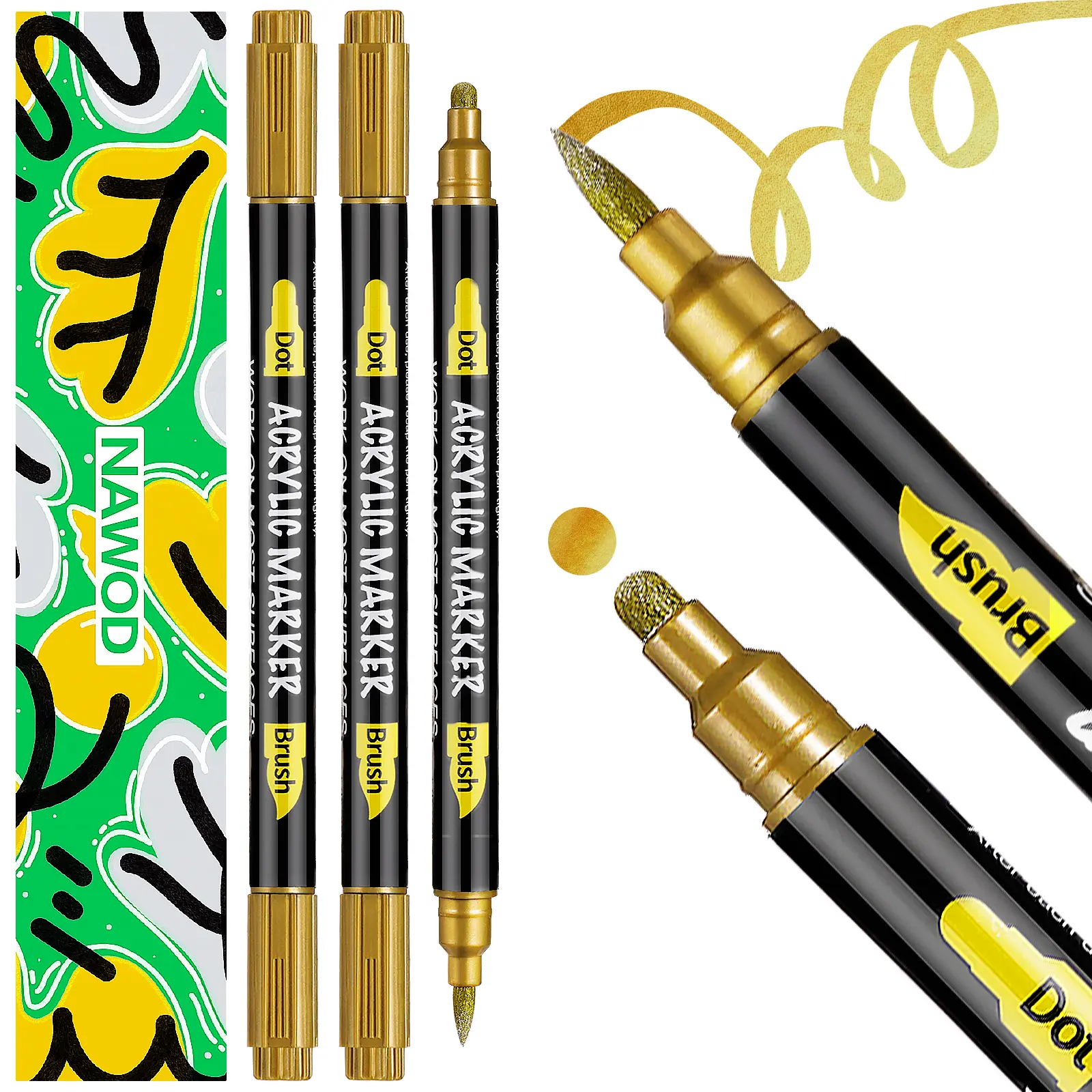 NAWOD 3 Gold Silver Metallic Acrylic Paint Pens, Dual Tip Acrylic Paint Markers (Dot Tip + Brush Tip), Acrylic Markers for Rock, Fabric, Canvas, Glass, Wood, Ceramic, Paper, DIY, Scrapbook Journaling, Lettering, Calligraphy, Permanent Markers, Art Crafts