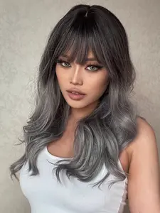 Fashionable New 20 Inch Long Wavy Grey Gradient Wigs with Bangs, Synthetic Women's Wigs Suitable for Ordinary Work, Life, Dance Parties and All Occasions