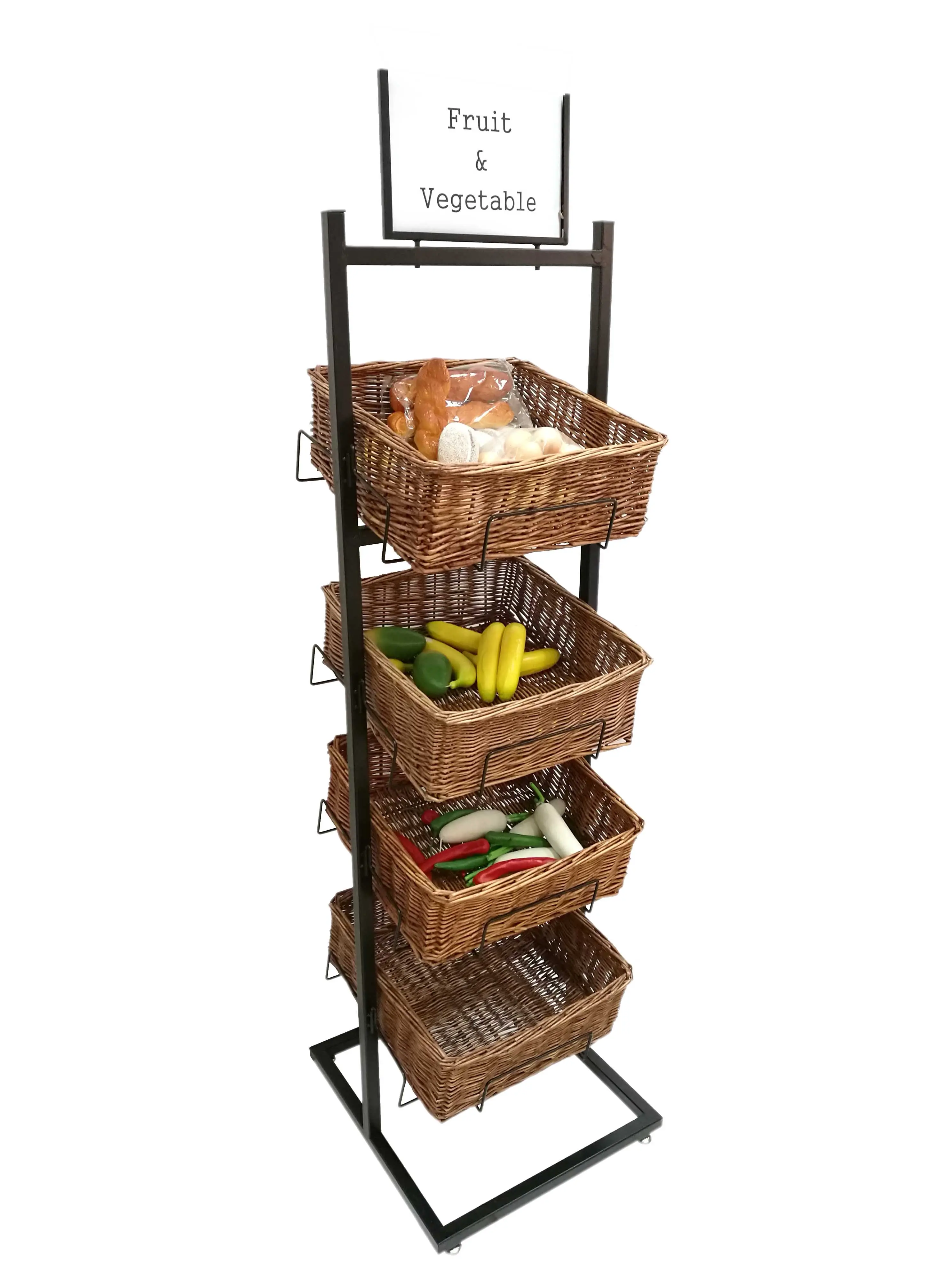 FixtureDisplays® 4 Tier Basket Stand Wicker Basket Bakery Rack Produce Stand Food Rack Fruit, Wicker - Black 120005-NF