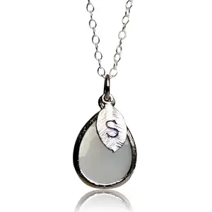 June Birthstone Necklace - Teardrop Moonstone Pendant with Chain and Customizable Initial Design  - Gold or Silver
