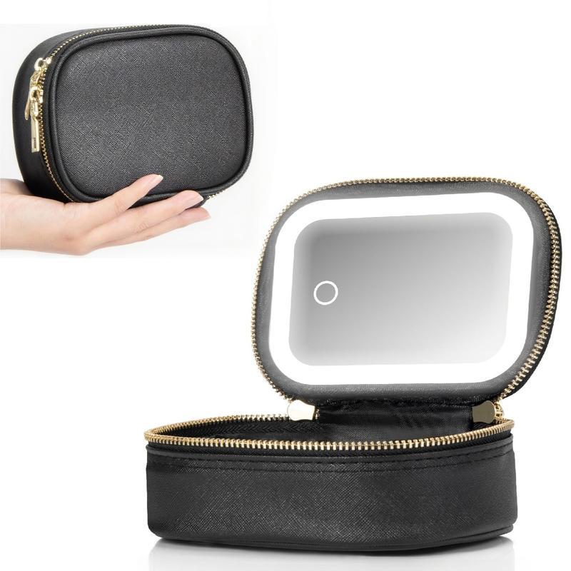 Palm-Sized Portable Makeup Bag with Detachable Mirror, Touch-Control 3-LED Light, Rechargeable Travel & Everyday Cosmetic Organizer for Lipstick & Perfume – Valentine’s & Mother’s Day Gift