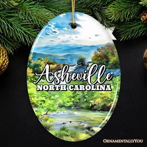 Scenic Asheville Mountain Town Ceramic Ornament, Nature and Historic North Carolina Christmas Gift and Tree Decor
