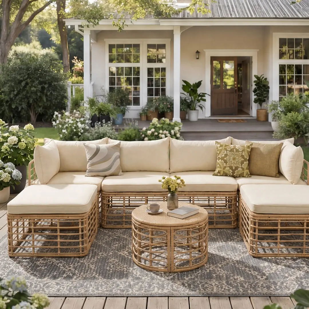 ARCH Sturdy U-Shaped Brown 7-Piece All-Weather Wicker Patio Furniture Set - Adjustable Modular Outdoor Sectional Sofa with Thick Wicker Foam Cushions, Pillows - 156.00 lb - for Gardens, Backyard
