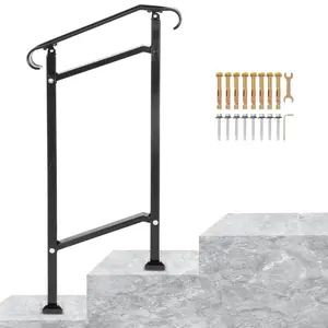 Outdoor Stair Railing for Concrete and Wood Stairs, 1-2 Step Wrought Iron Handrail, Adjustable Front Porch Railings, Black Transitional Hand Rail, Includes Installation Kit For Easy DIY Installation