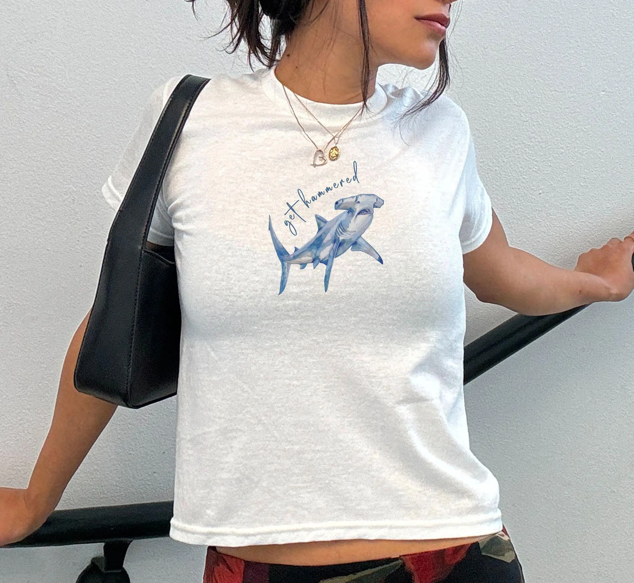 Get Hammered Shark Baby Tee, Funny Hammerhead Graphic Shirt, Cute Ocean Beach Top for Women, Summer Aesthetic Outfit
