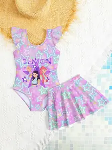Demon Idol Girl Group Girls' Swimsuit, Cartoon Character Gradient Stars Two-Piece Skirt Style Swimwear, Cute Slim-Fitting Bathing Suit, Swimsuit Sets