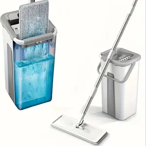 1 Set, Household Mop and Bucket Suit, with 2 One Replaceable Ultra-Fine Fiber Shoe-Pad, Hands-Free Washing Handle, Flexible Rotating Flat Mop, Wet and Dry Use, Scraping Bucket, Easy to Clean, Cleaning Supplies, cleaning Tools, Ready for School
