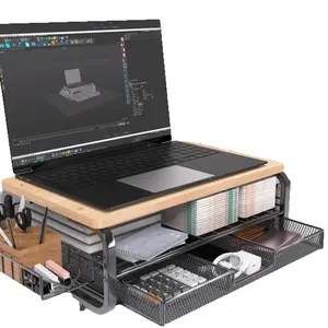 Wooden Monitor Stand with Drawer, Multifunctional Desktop Laptop Riser, Desk Storage Organizer Office Supplies