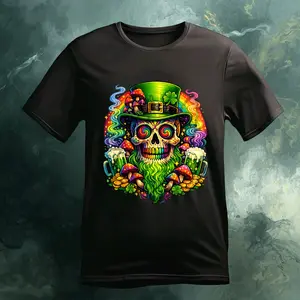 St Patrick's Day Sugar Skull Tee with Leprechaun Hat and Rainbow Design Men's Casual T-Shirt