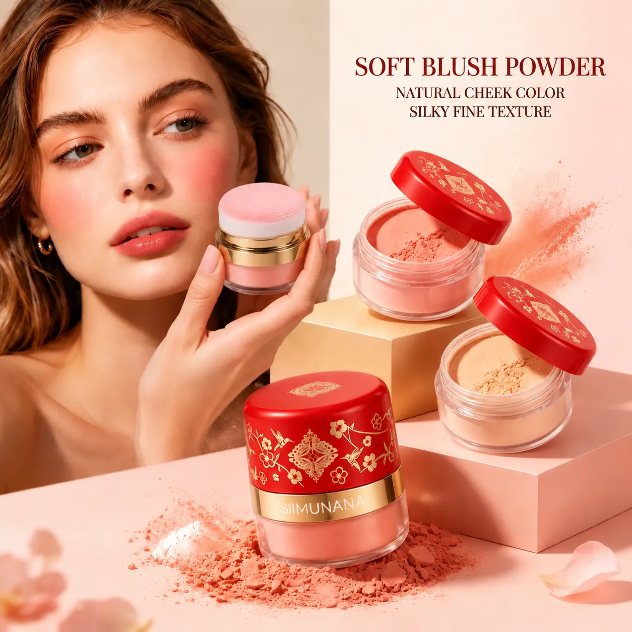 Women's 3-Color Blush Palette - Small Portable Compact with Mirror, Coral Peach Frostbite Red Blush, Natural Long-Lasting Vintage Stamp Makeup, Travel-Size Cosmetics Products, Beautycosmetics for Makeup Beginners