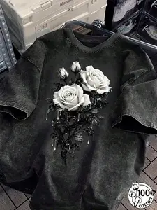 Unisex 100% Cotton Acid Washed Black White Rose Print Oversized T-Shirt | Y2K Dark Romantic Streetwear Top