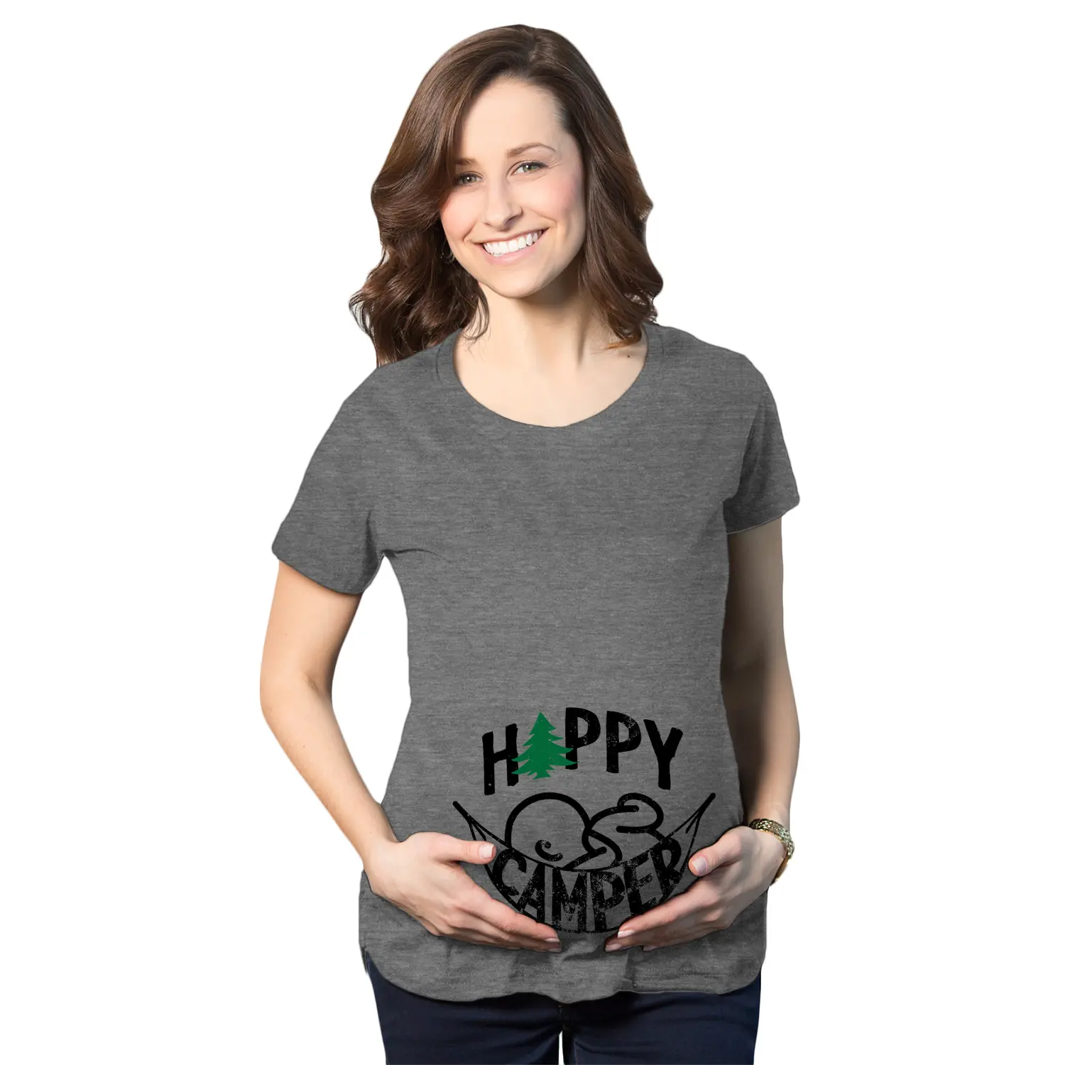 Maternity Happy Camper T Shirt Cute Pregnancy Cool Outdoors Baby Bump Tee Funny Graphic Maternity Tee Cute Pregnancy Tees With Plus Sizes Pregnant Funny Camping Short Sleeve Maternity Shirts Dark Grey
