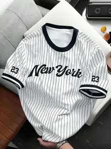 Men's New York Pinstripe Baseball T-Shirt, Striped Ringer Neck Casual Tee, Versatile Casual Base Shirt, Comfortable Sports Top,  Designed In American Street And High Street Styles, Suitable For Daily Wear, Men's Summer Top