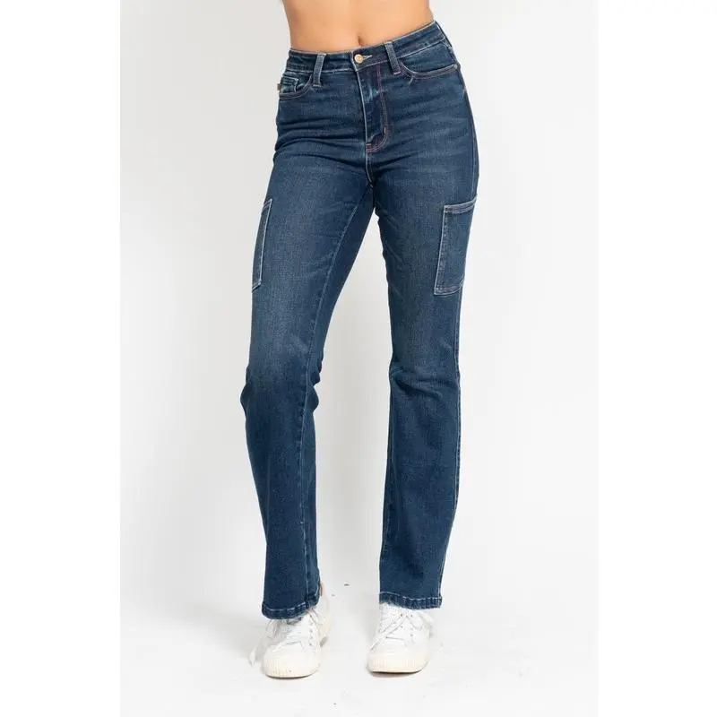 Judy Blue Full Size High Waist Cargo Bootcut Jeans Plus Size Slim Rise Basic Chunky