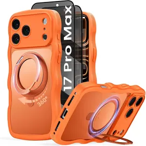Magnetic for iPhone 17 Pro Max Case Cute, [360° Rotating Ring Stand] [Compatible with MagSafe] Wavy Frame Anti-Slip Matte Women Men Boys Protective Phone Case for iPhone 17 Pro Max (Orange)