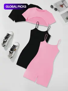 Four-Piece Set Women's Solid High Low Crop Tee & Cami Romper, Casual Short Sleeve Super Crop Top & Sleeveless Bodycon Romper, Cute Summer Outfit