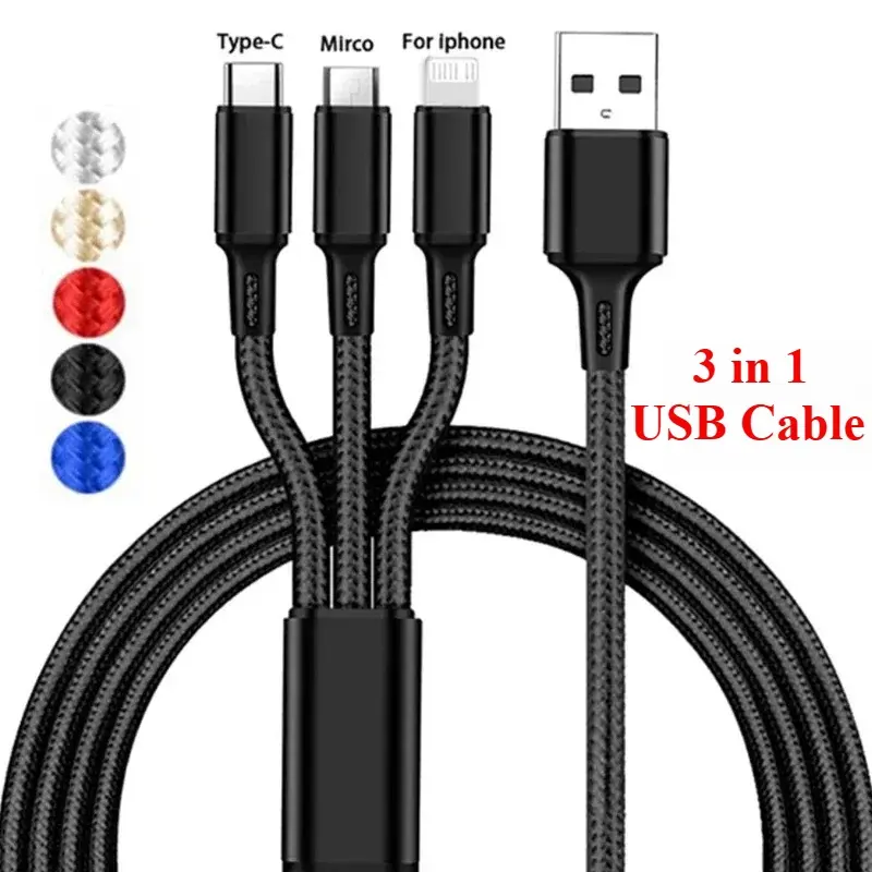 3 in 1 USB Fast Charging Cable Type C Micro IOS Multi Charger Cable for IPhone Samsung Xiaomi Redmi Oppo Braided Cord Usb 3 En 1 Multifunctional Charging Cable