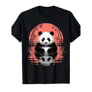 Men'S & Women'S Retro Panda Bear Graphic T-Shirt - with Red Sunset Panda & Rayon Design, Soft Breathable, Casual Streetwear Round Neck Short Sleeve Tee for Casual Attire & Outdoor Activities, Unisex Adult Sizes, All-Season Comfort Fit