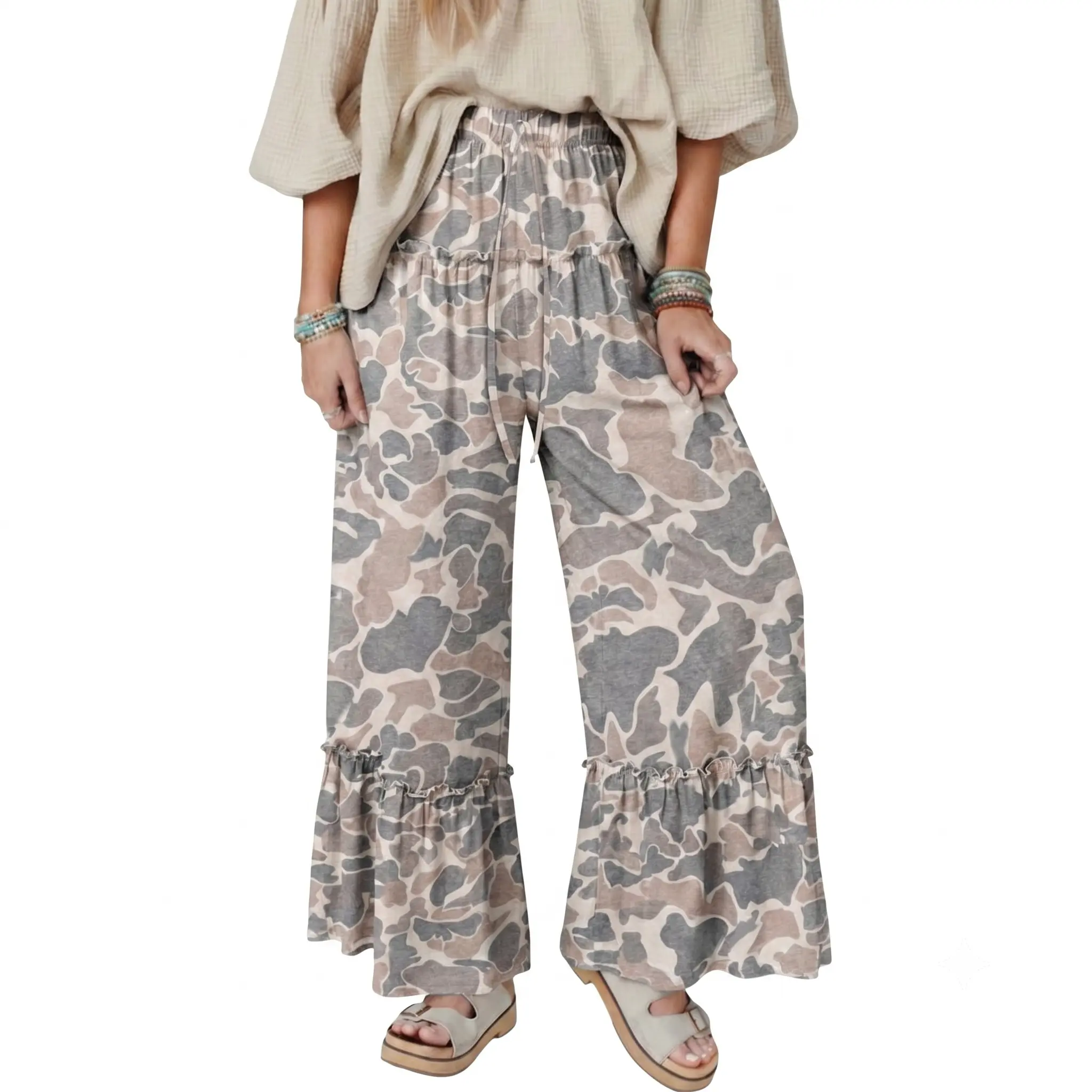 Women's Boho Camo Wide Leg Pants High Waisted Drawstring Ruffle Lounge Trousers Casual Flowy Pants
