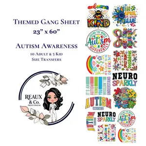 Autism Awareness Themed Gang Sheet 23"x60" 10 Adult & 5 Kid Size Transfers High-Quality Film Powder & Ink Ready to Press