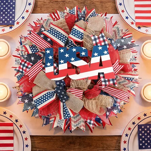 24 Inch 4th of July Wreath, Classic Striped & Star Design, Festive Indoor or Outdoor Decoration for a Patriotic Front Door Welcome