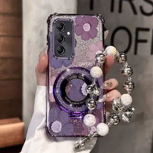 A16 Popular Series Pearl Strap Lanyard Protective Phone Holder Case For Compatible With Samsung Galaxy A16 Smartphone Transparent Magnetic Glitter Cover and Elegant Elegant Purple Flowers Protector Cases