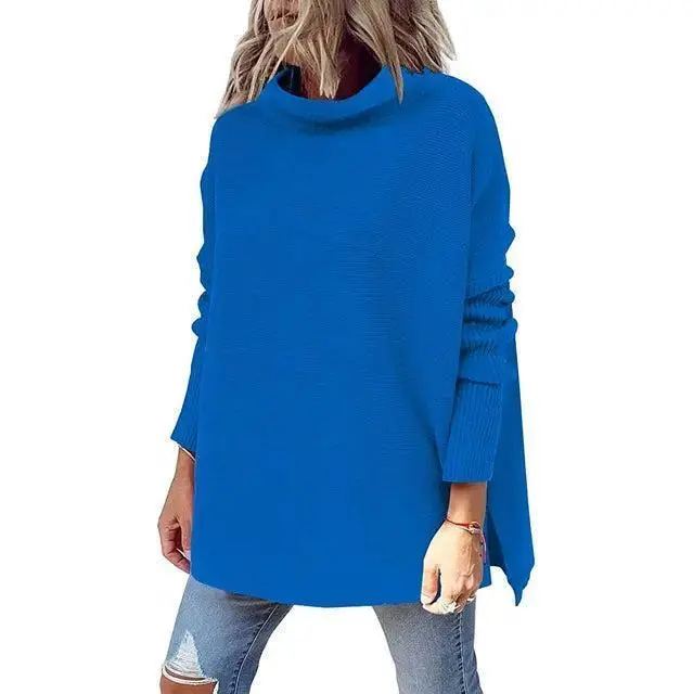 Womens Mock Turtleneck Sweater Long Batwing Sleeve Split Hem