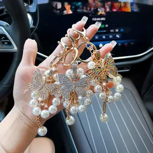 Pearl Beaded Alloy Butterfly Keychain, Cute Car Key Chain, Korean Style Bag Charm, Delicate Fashion Pendant Ornament for Women