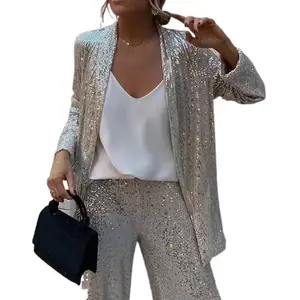 Shiny Sequin Casual Elegant Vacation Street Style Long Sleeve Top and Wide Leg Pants Set Women’s Clothing Suits