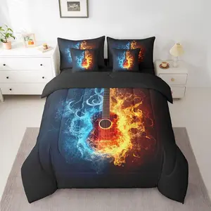 Guitar Comforter Set with Sheets Rock Music Bed in a Bag for Boys Girls Teens Black Blue Orange 7 Pieces Bedding Set Soft Lightweight Microfiber