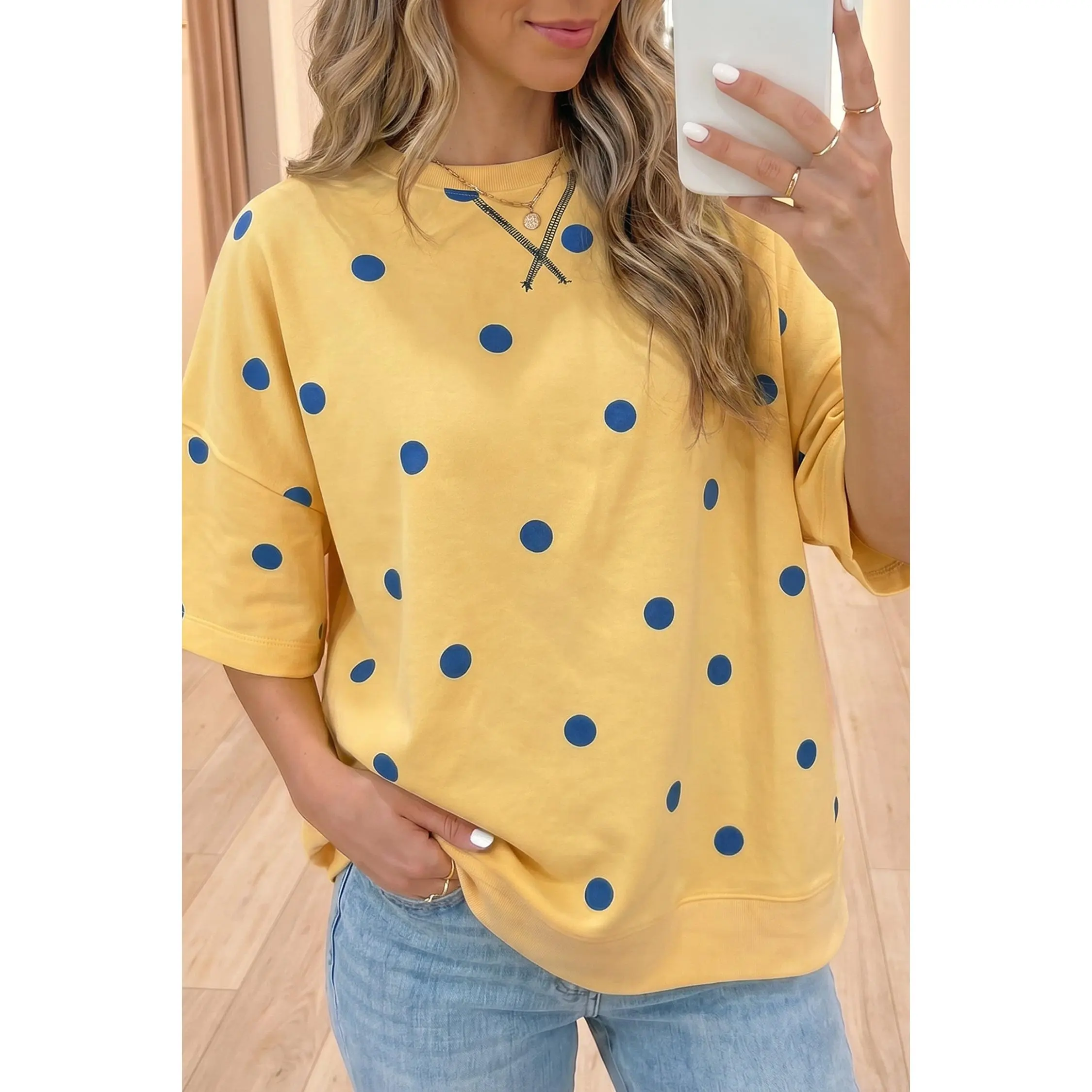 Yellow Polka Dot Print Crossed Seam Detail Oversize Tee