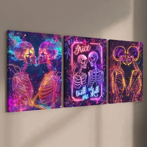 Skeleton Couple Pattern Framed Canvas Painting, 3 Counts/set Modern Wall Art, Decoration Poster, Wall Decor for Home Living Room Bedroom Office, Modern Art Design